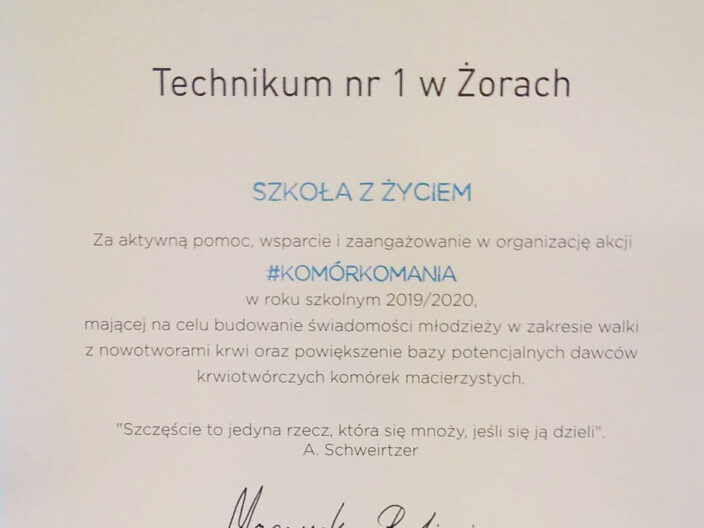 Certfyfikat "Szkoła z Życiem"