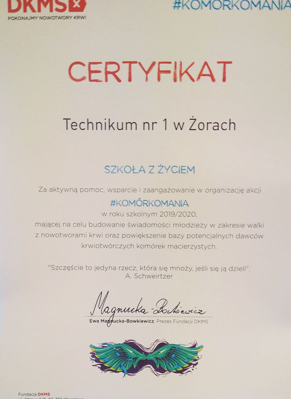 Certfyfikat "Szkoła z Życiem"