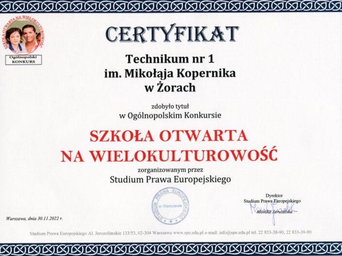 Certyfikat "Szkoła otwarta na wielokulturowość"