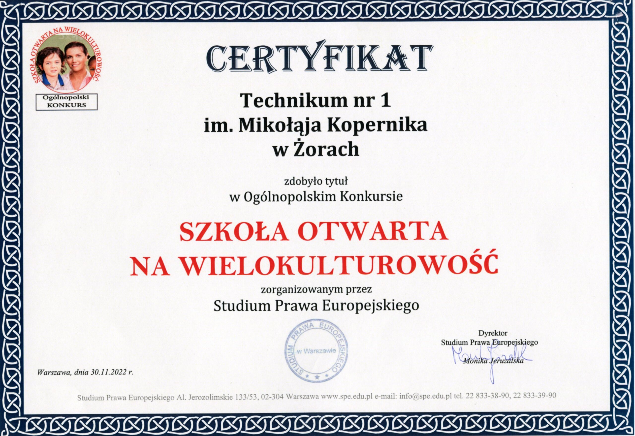 Certyfikat "Szkoła otwarta na wielokulturowość"