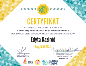 V Żorska Konferencja Psychologii Sportu certyfikat